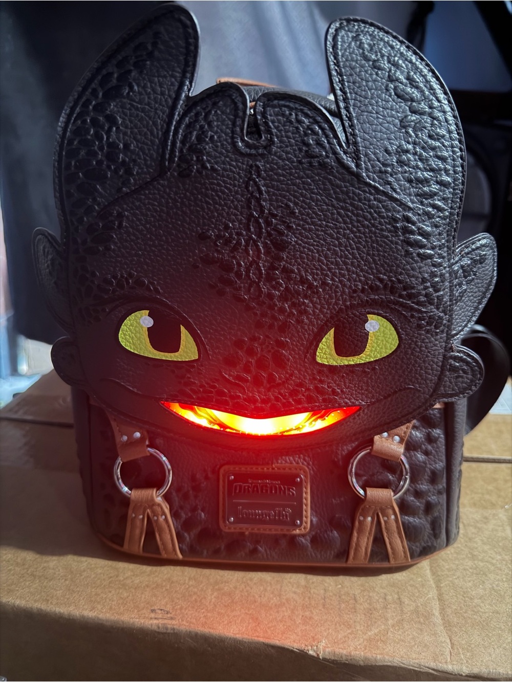 Loungefly Black Dragon Mini Backpack with Light-Up Mouth and Yellow-Green Eyes